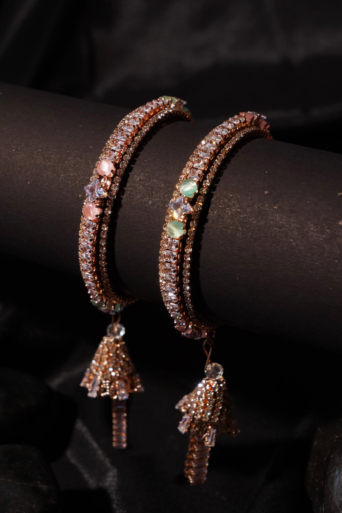 ANAYA – Lustrous Rose Gold Diamond Bangles with Jhumka Tassels (Set of 2)