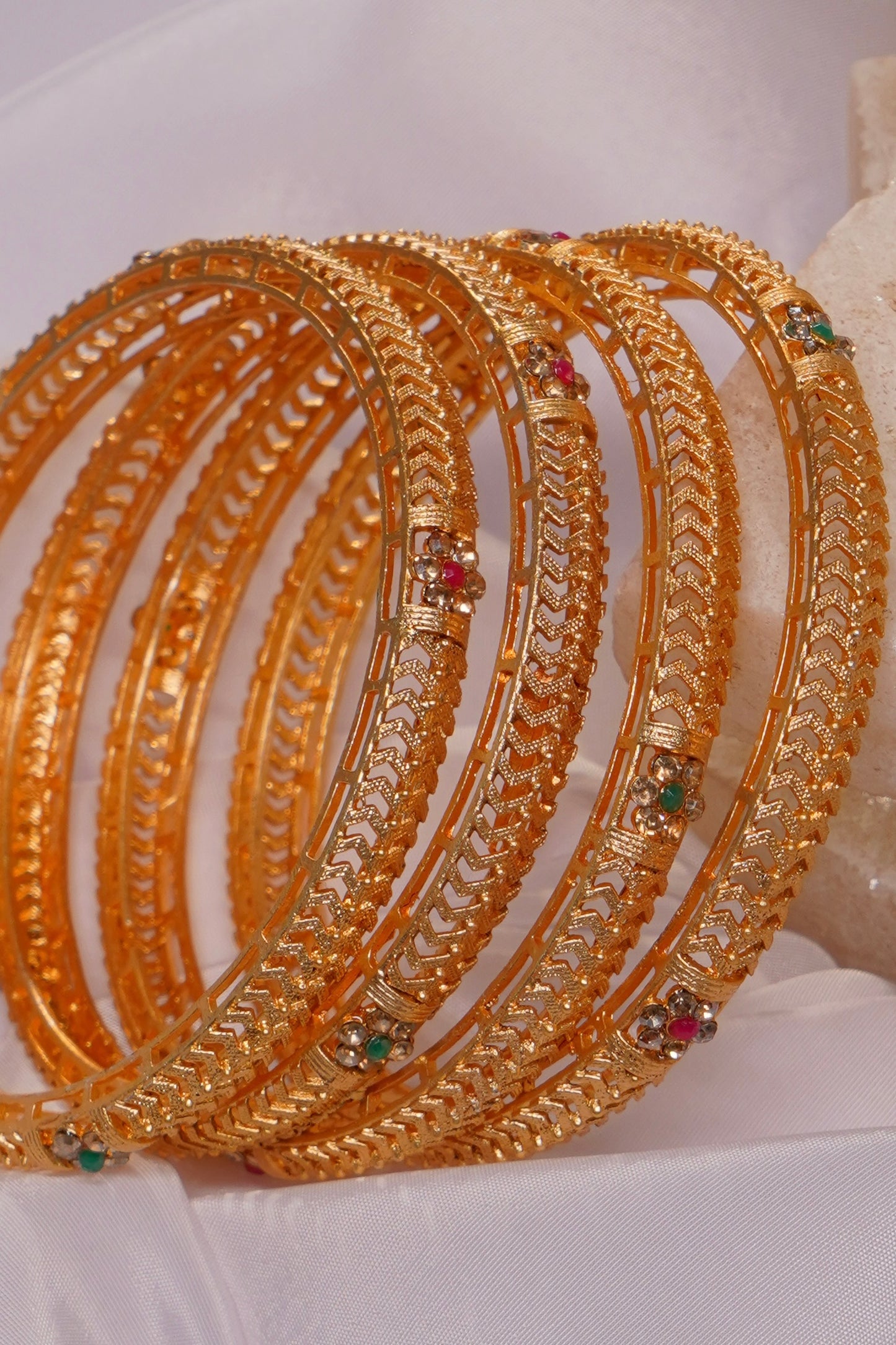 RUHANI- Gold Plated Ruby Emerald Bangles (Set of 4)