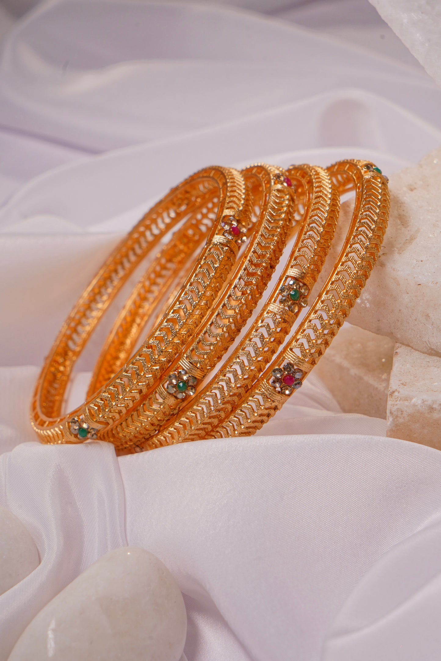 RUHANI- Gold Plated Ruby Emerald Bangles (Set of 4)
