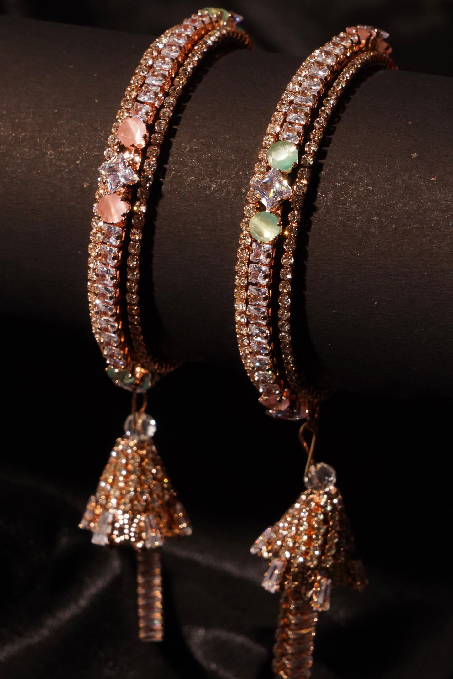 ANAYA – Lustrous Rose Gold Diamond Bangles with Jhumka Tassels (Set of 2)