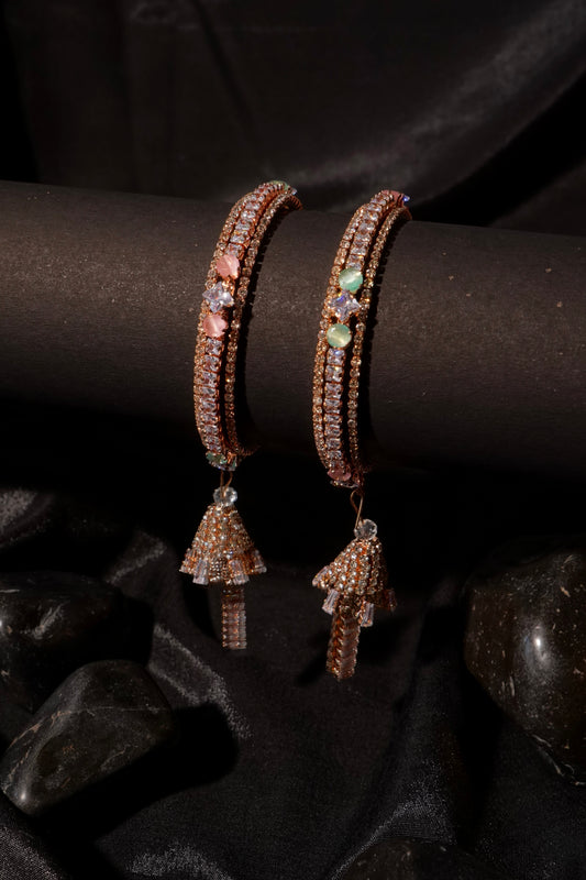 ANAYA – Lustrous Rose Gold Diamond Bangles with Jhumka Tassels (Set of 2)