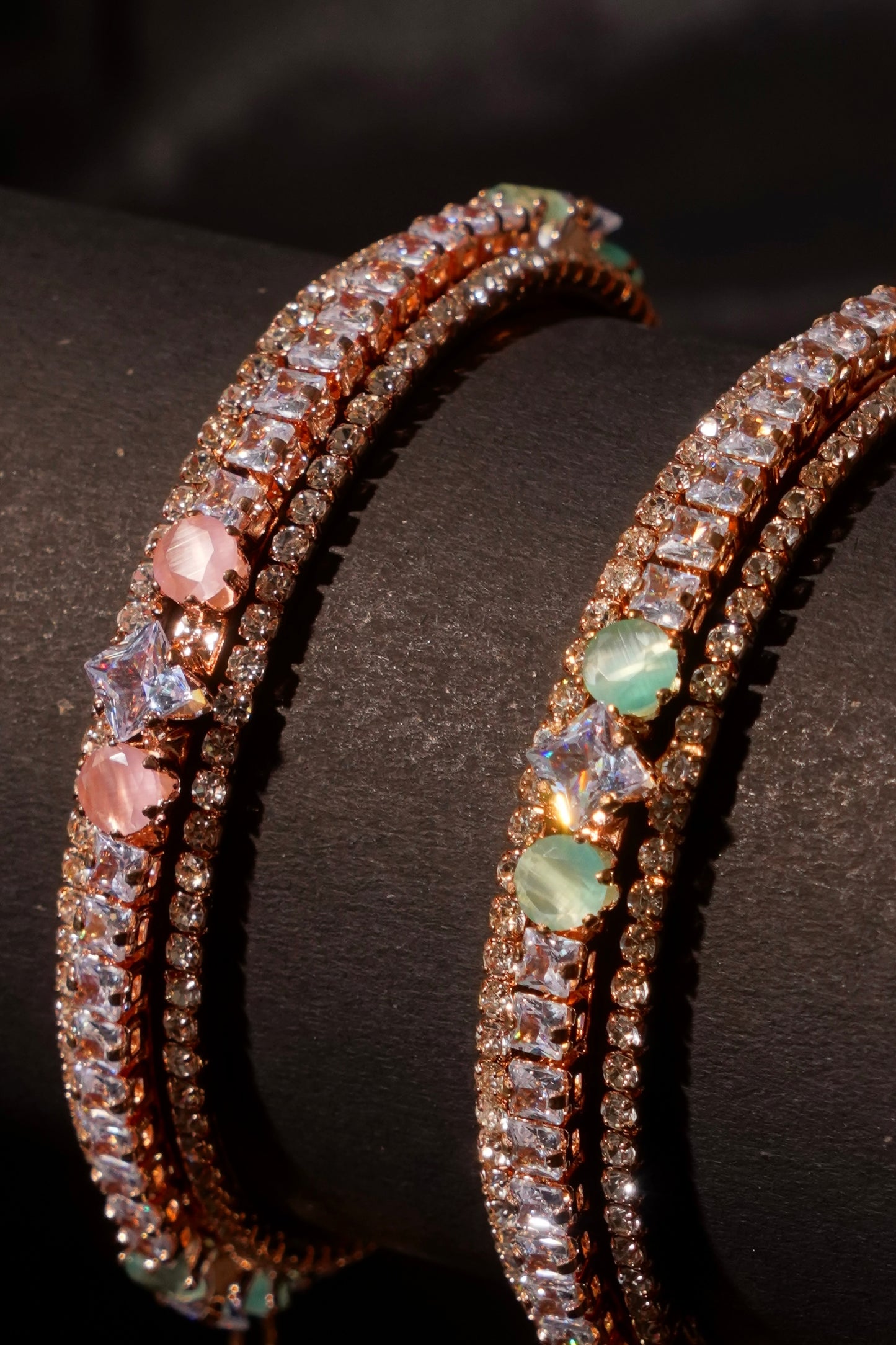 ANAYA – Lustrous Rose Gold Diamond Bangles with Jhumka Tassels (Set of 2)