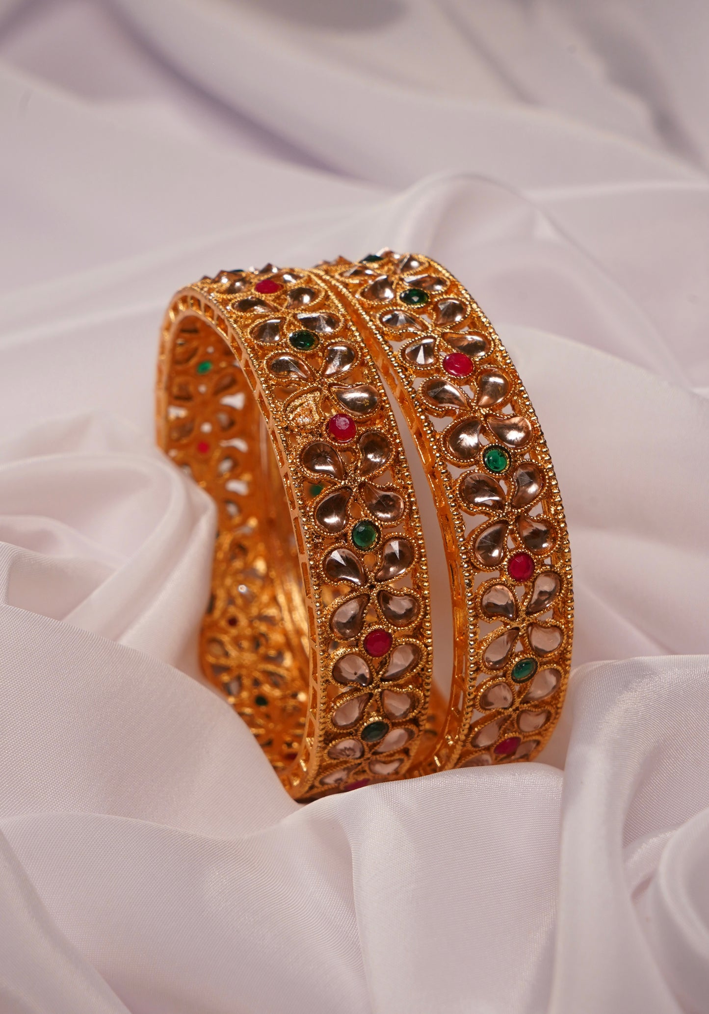 NOOR- Matte Gold Plated Floral Pattern Multicolour Bangles (Set of 2)