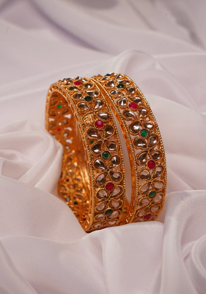 NOOR- Matte Gold Plated Floral Pattern Multicolour Bangles (Set of 2)