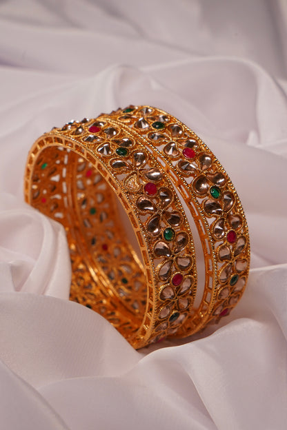 NOOR- Matte Gold Plated Floral Pattern Multicolour Bangles (Set of 2)