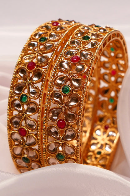 NOOR- Matte Gold Plated Floral Pattern Multicolour Bangles (Set of 2)
