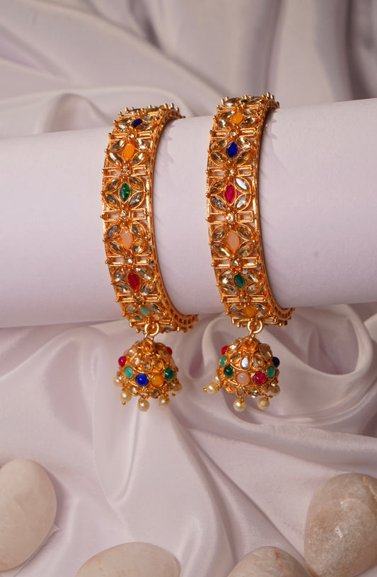 RANGREZ- Gold Plated Multicolour Bangles with Jhumkas (Set of 2)
