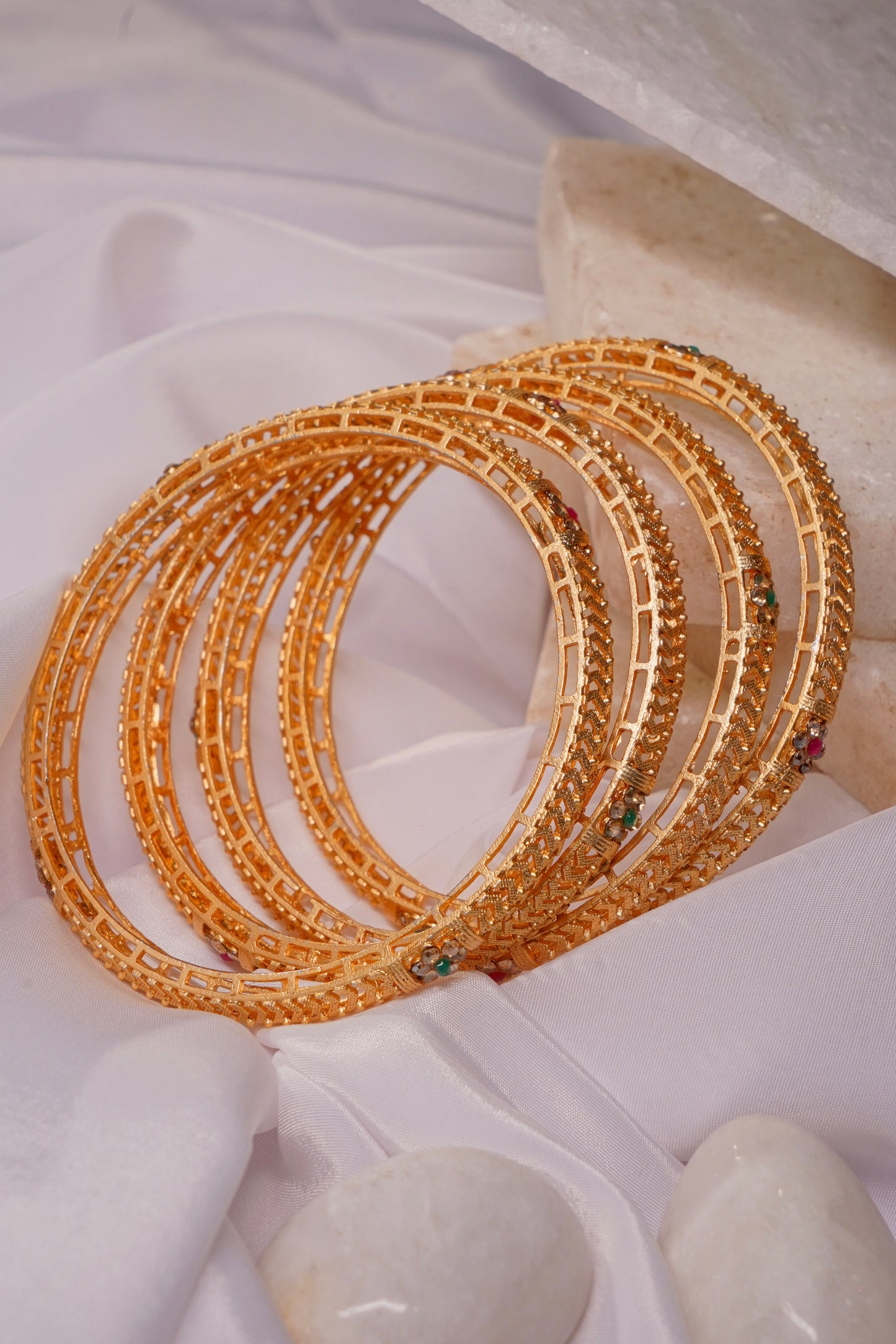 RUHANI- Gold Plated Ruby Emerald Bangles (Set of 4)