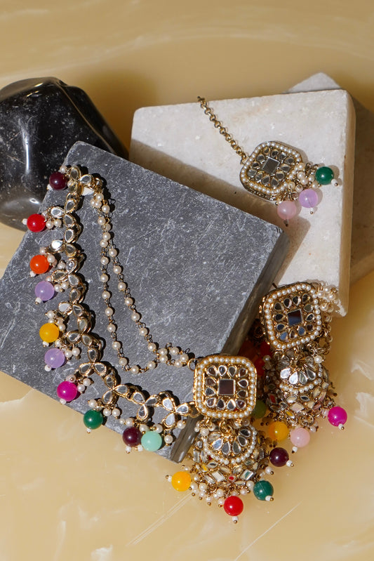 TASBEEL- Jhumka Chain Earrings with Tikka Set